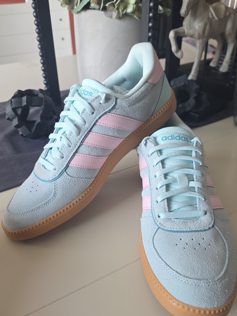 Adidas 8.5 Light Blue Suede Sneakers with Pink Stripes and Gum Sole